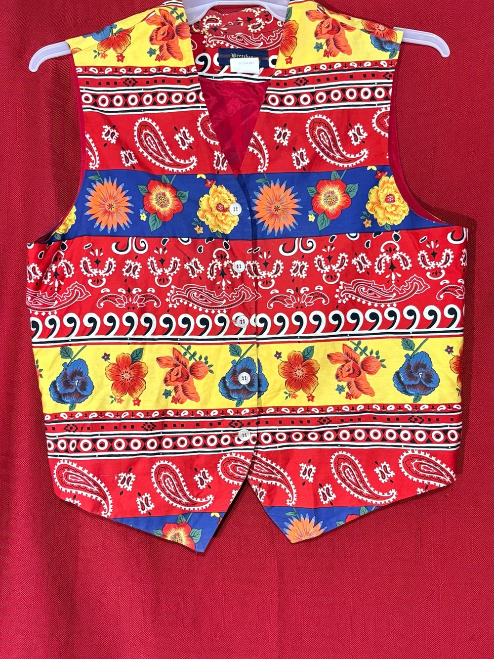 Ladies Breeches Bandana Quilt Print Vest - Red, Yellow & Blue